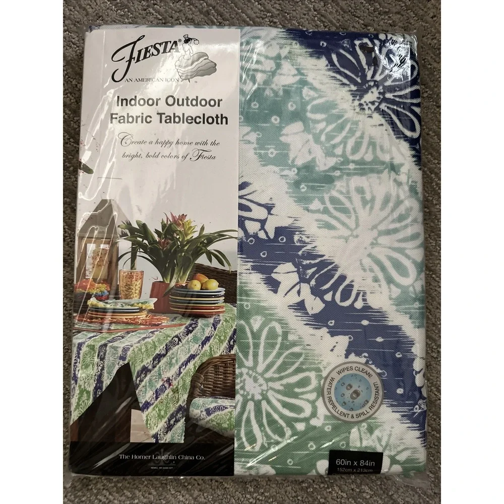 Fiesta Tablecloth 60x84 Oblong Blue Mint Batik Floral Indoor Outdoor Polyester